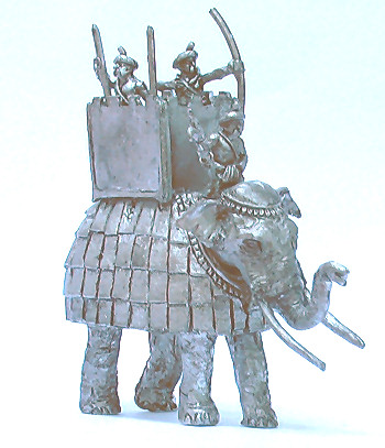 KM-1109 Indian elephant, rectangular iron bard with crenellated tower, bow and javelin crew
Graeco bactrians from [url=http://khurasanminiatures.tripod.com/kushan.html]Khurasan[/url], painted by [url=http://www.ravenpainting.co.uk/]Raven painting[/url] 
Keywords: GRAECO ghaznavid