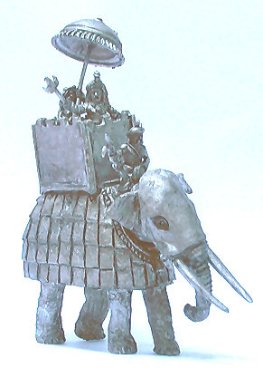 KM-1110 Indian elephant, barded with crenellated tower, Kushan general and umbrella bearer
Graeco bactrians from [url=http://khurasanminiatures.tripod.com/kushan.html]Khurasan[/url], painted by [url=http://www.ravenpainting.co.uk/]Raven painting[/url] 
Keywords: GRAECO indian