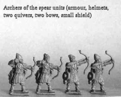 Nikeforian infantry archers of the spear units, 
From [url=http://khurasanminiatures.tripod.com/ranges.html#C11] Khurasan Miniatures [/url]fabric armour, mixture of felt and metal helmets (x4)
Keywords: NIKEPHORIAN