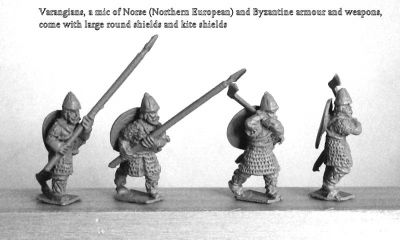 Varangian Guardsmen 
From [url=http://khurasanminiatures.tripod.com/ranges.html#C11] Khurasan Miniatures [/url] Nikeforian Varangian infantry, mixture of Northern European and Byzantine equipment, 
Keywords: LBYZANTINE