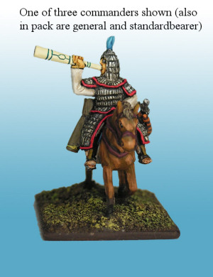 Tang Chinese General/Officer 
T'ang general set (x 3) (general, hornplayer and standardbearer on unarmoured horses) from [url=http://khurasanminiatures.tripod.com/tang-chinese.html]Khurasan Miniatures[/url], pictures supplied by the manufacturer
Keywords: Tang