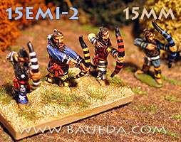 Emeshi warriors
From [url=http://www.baueda.com]Baueda[/url] - pictures used with kind permission of the manufacturer. These figures are heavy Emishi foot archers, they had a reputation for being fierce warriors ready to charge in hand to hand combat as well as archers, and these wear suitable armour and weapons for the job! They represent elite warriors from the areas closer to Yamato Japan and are best suited for the later period, as General's guard irregular Bw(S), as dismounted horse archers irregular Bw(O) and cam also be mixed in for variety with irregular Bw(I). They are primarily intended to be used in DBM list 6 book III Emishi 500AD - 1100AD, list 7 Book III Pre-Samurai Japanese 500AD - 900AD or as allies for list 54 Book III Early Samurai 900AD - 1300AD

Keywords: Emeshi