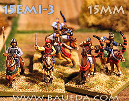 Emeshi mounted warriors
From [url=http://www.baueda.com]Baueda[/url] - pictures used with kind permission of the manufacturer. The bottom half of the rider is cast in one piece with the horse, while the top half is a separate piece, which is fixed in place by a peg that fits in a corresponding hole on the mount
Keywords: Emeshi