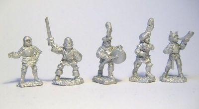 Swiss Officers
New castings from [url=http://www.donnington-mins.co.uk/]Donnington[/url], to be released at Salue 2009. These have a different sculptor to the "old" Donnington figures and will be sold under a different brand. Some are cast without weapons and can be drilled out to take a wire spear or halberd (a selection of weapons will be supplied with these figures)
Keywords: Swiss