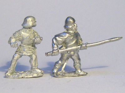 Swiss & German Infantry Comparison
New casting from [url=http://www.donnington-mins.co.uk/]Donnington[/url], to be released at Salue 2009. These have a different sculptor to the "old" Donnington figures and will be sold under a different brand. The man with the spear is from Essex's Medieval ranges
Keywords: Swiss medspear medgerman