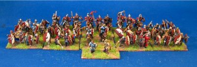 Romano British Army
Painted by Bob in Edmonton [url=http://web.mac.com/bob.barnetson/iWeb/EWG/Welcome.html]His blog with more great painting is here[/url]. Bob says"I decided to go with a common shield pattern and red cloak colour. I thought this reflected the remnants of Roman organization.."
Keywords: LIR romano PRB
