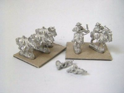 Mounted Crossbowmen
Mounted Crossbowmen RMO-10 . 2 part castings with the riders legs cast on the horses. No variations in headgear or rider pose/costume
Keywords: unbarded