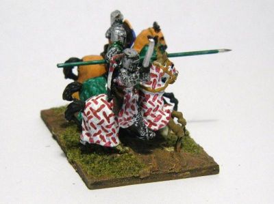 1200-1400 period Knights 
From the [url=http://www.vexillia.ltd.uk/mirliton/shop15_commune.html] Mirliton Italian Commune Wars[/url] range, but suitable for many other nations. Rather ambitious (but not that hard) paint scheme on the one at the front.
Keywords: barded CommunalItalian commune