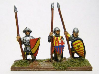 Catalan Almughavars 
Alain Touller Spearmen and Almughavars painted as armoured Catalans, some with FCB shields for added Catalan authenticity. 
Keywords: Catalan medfoot