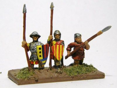 Catalan Almughavars 
Alain Touller Spearmen and Almughavars painted as armoured Catalans, some with FCB shields for added Catalan authenticity. Essex figure on right
Keywords: Catalan medfoot