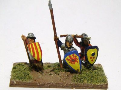 Catalan Almughavars 
Alain Touller Spearmen and Almughavars painted as armoured Catalans, some with FCB shields for added Catalan authenticity. Some Essex as well - figure on left. AT Almughavar figure on right
Keywords: Catalan medfoot