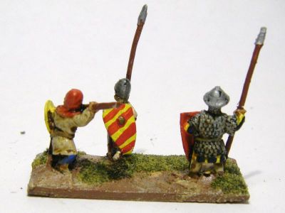 Catalan Almughavars 
Alain Touller Spearmen and Almughavars painted as armoured Catalans, some with FCB shields for added Catalan authenticity.Almughavar figure on left
Keywords: Catalan medfoot