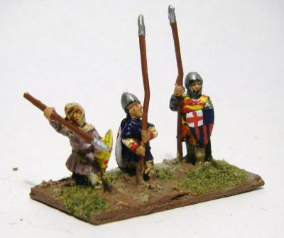 Catalan Almughavars 
Alain Touller Spearmen and Almughavars painted as armoured Catalans, some with FCB shields for added Catalan authenticity. Almughavar figure nearest camera
Keywords: Catalan medfoot