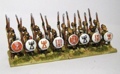 Carthaginian / Libyan Spearmen
Spearmen from Essex, with [url=http://www.littlebigmenstudios.com/catalog/] Little Big Man shield transfers[/url]. Figure code MPA 77 
Keywords: ecarthage lcarthage