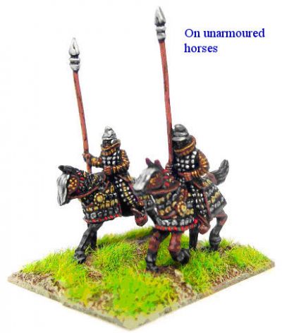Kushan/Indo-Saka/Eastern Parthian armoured cavalry, lance and bow on armoured horses (x 8)
Graeco bactrians from [url=http://khurasanminiatures.tripod.com/kushan.html]Khurasan[/url], painted by [url=http://www.ravenpainting.co.uk/]Raven painting[/url] 
Keywords: GRAECO skythian parthian