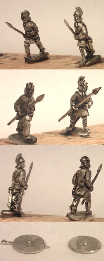 LIR Unarmoured infantry advancing
Figures from [url=http://khurasanminiatures.tripod.com/]Khurasan Miniatures[/url], pictures reproduced with their permission. LIR Unarmoured infantry advancing, lancea, ridged helmet (x 4)
Keywords: LIR