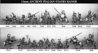 Ancient Italian States Range from Tin Soldier
Range from Tin Soldier. For figure codes see their website at [url=http://www.tinsoldieruk.com/]Tin Soldier UK[/url]
Keywords: ERR etruscan
