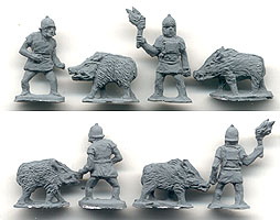 Pigs on Fire
Photos kindly supplied by the manufacturer [url=http://www.baueda.com]Baueda[/url]. These figures are designed for incendiary pigs and handlers to be used as Reg Art(I) in DBM list 10 bookII, Camillan Roman 400BC - 275BC 
Keywords: hfoot mrr