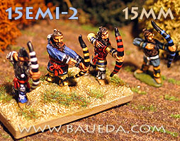 Emeshi warriors
From [url=http://www.baueda.com]Baueda[/url] - pictures used with kind permission of the manufacturer. These figures are heavy Emishi foot archers, they had a reputation for being fierce warriors ready to charge in hand to hand combat as well as archers, and these wear suitable armour and weapons for the job! They represent elite warriors from the areas closer to Yamato Japan and are best suited for the later period, as General's guard irregular Bw(S), as dismounted horse archers irregular Bw(O) and cam also be mixed in for variety with irregular Bw(I). They are primarily intended to be used in DBM list 6 book III Emishi 500AD - 1100AD, list 7 Book III Pre-Samurai Japanese 500AD - 900AD or as allies for list 54 Book III Early Samurai 900AD - 1300AD

Keywords: Emeshi