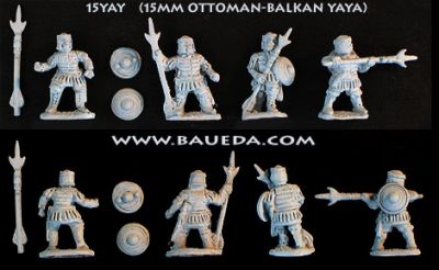Ottoman-Balcan Yaya 
Photos provided by the manufacturer [url=http://www.baueda.com]Baueda[/url]. Figure codes as per illustration or filename. Infantry armed with incendiary Javelins !
Keywords: Ottoman