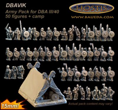Vikings from Baueda
The former 50-Paces range. Photos provided by the manufacturer [url=http://www.baueda.com]Baueda[/url]. Figure codes as per illustration or filename. THis shows the contents of the DBA army pack
Keywords: Viking