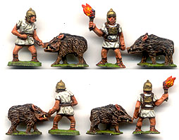 Flaming Pigs
Photos kindly supplied by the manufacturer [url=http://www.baueda.com]Baueda[/url] These figures are designed for incendiary pigs and handlers to be used as Reg Art(I) in DBM list 10 bookII, Camillan Roman 400BC - 275BC 
Keywords: MRR hfoot