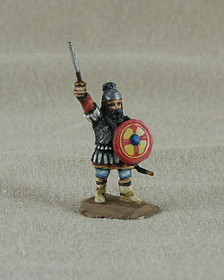 BYF01 Byzantine Officer
Byzantines from the C12-13 range of [url=http://www.donnington-mins.co.uk/]Donnington[/url]. Figures supplied by he manufacturer, and painted by their own painting service. With scale or quilt armour with pteruges, waving sword, helmet, round shield, (suitable for 11th to 13th centuries)

Keywords: Komnenan plbyzantine lbyzantine thematic