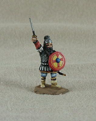 BYF01 Byzantine Officer
Byzantines from the C12-13 range of [url=http://www.donnington-mins.co.uk/]Donnington[/url]. Figures supplied by he manufacturer, and painted by their own painting service. With scale or quilt armour with pteruges, waving sword, helmet, round shield, (suitable for 11th to 13th centuries)

Keywords: Komnenan plbyzantine lbyzantine thematic