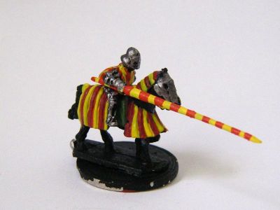 New Era Donnington Medieval Knight
"New Era" figures from [url=http://www.donnington-mins.co.uk/]Donnington[/url], from their medieval range. This one has a manufacturer-supplied lance which fits neatly under their arm and is properly couched as a result. HYC34 Mt. Man-at Arms,  tabard over armour, visored sallet helmet, shield, lance down (late)

Keywords: barded