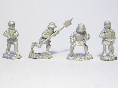 Swiss Pikemen/Halberdiers
New castings from [url=http://www.donnington-mins.co.uk/]Donnington[/url], to be released at Salue 2009. These have a different sculptor to the "old" Donnington figures and will be sold under a different brand. Some are cast without weapons and can be drilled out to take a wire spear or halberd (a selection of weapons will be supplied with these figures)
Keywords: Swiss Medfoot medspear