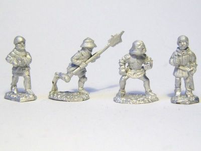 Swiss Pikemen/Halberdiers
New castings from [url=http://www.donnington-mins.co.uk/]Donnington[/url], to be released at Salue 2009. These have a different sculptor to the "old" Donnington figures and will be sold under a different brand. Some are cast without weapons and can be drilled out to take a wire spear or halberd (a selection of weapons will be supplied with these figures)
Keywords: Swiss Medfoot medspear