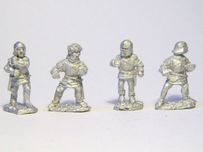 Swiss Pikes or Halberds
New castings from [url=http://www.donnington-mins.co.uk/]Donnington[/url], to be released at Salue 2009. These have a different sculptor to the "old" Donnington figures and will be sold under a different brand. Some are cast without weapons and can be drilled out to take a wire spear or halberd (a selection of weapons will be supplied with these figures)
Keywords: Swiss medfoot medspear