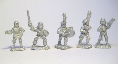 Swiss Officers
New castings from [url=http://www.donnington-mins.co.uk/]Donnington[/url], to be released at Salue 2009. These have a different sculptor to the "old" Donnington figures and will be sold under a different brand. Some are cast without weapons and can be drilled out to take a wire spear or halberd (a selection of weapons will be supplied with these figures)
Keywords: Swiss
