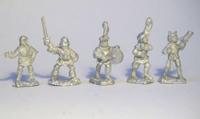 Swiss Officers and Generals
New castings from [url=http://www.donnington-mins.co.uk/]Donnington[/url], to be released at Salue 2009. These have a different sculptor to the "old" Donnington figures and will be sold under a different brand. Some are cast without weapons and can be drilled out to take a wire spear or halberd (a selection of weapons will be supplied with these figures)
Keywords: Swiss