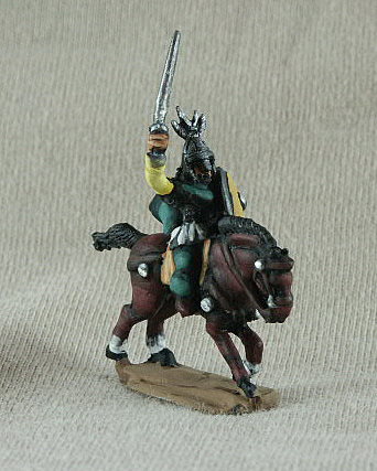Vandal Mounted Officer/General
Vandal cavalry from [url=http://www.donnington-mins.co.uk/]Donnington[/url] and painted by their painting service. DNC03 
mail shirt with pteruges, waving sword, feather creasted spangenhelm, cloak, round shield
Keywords: Vandal gothcav ebulgar visigoth