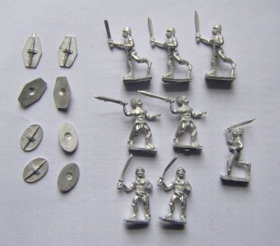 Unclothed Gallic Warriors from Fantassin
Shots of new Gallic range (pack code AGL-03) from Fantassin / [url=http://www.warmodelling.com]Warmodelling.com[/url] showing pack contents - separate shields. Packs with spears come with separate spears also, which are of the same pliable metal as the figures. 
Keywords: Gallic Galatian