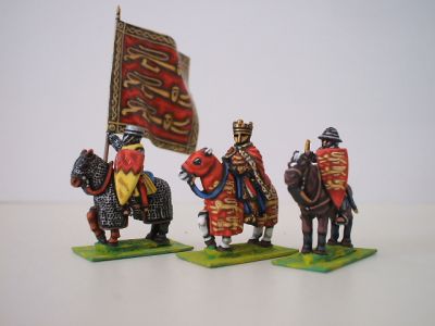 Feudal Mounted king with standard bearer and trumpeter 1195.1230 ca 
1195 to 1250 Feudal range from [url=http://www.legio-heroica.com/]Legio Heroica[/url]. Pictures provided by the manufacturer 
Keywords: efknights crusader latins emgerman
