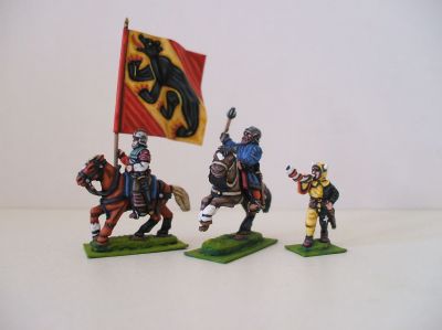 1450-90 Swiss Commander 
Swiss from [url=http://www.legio-heroica.com]Legio Heroica[/url] images provided by the manufacturer. Commander (Niklaus Von Scharnachtal) and standard bearer mounted / Uri's hornist on foot
Keywords: Swiss