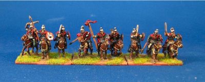 Romano British 
Painted by Bob in Edmonton [url=http://web.mac.com/bob.barnetson/iWeb/EWG/Welcome.html]His blog with more great painting is here[/url] (separate rider and horse plus separate shield). A few of the horses have lama-shaped necks & one of the light horsemen was tough to seat.
Keywords: LIR romano