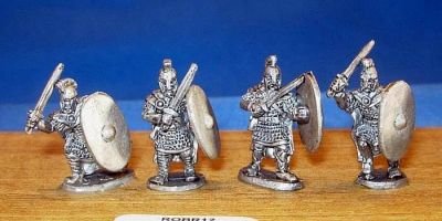 Romano-British armoured swordsmen with crests
Romano-British from [url=http://www.splinteredlightminis.com]Splintered Light[/url]. Photos with kind permission of the manufacturer. 
Keywords: Romano LIR