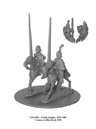 Later Polish Knights 1450-1500
Polish range from [url=http://www.vexillia.ltd.uk/]Vexillia.co.uk[/url], sculpted by Clibinarium to match both Mirliton and Essex Miniatures. Polish knights, 1450-1500. 
Lance upright, shield, trotting horse.  Pictures used with permission of the manufacturer
(2 variants).
Keywords: LPolish C15