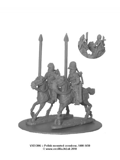 Later Polish mounted crossbow, 1400-1450. 
Polish range from [url=http://www.vexillia.ltd.uk/]Vexillia.co.uk[/url], sculpted by Clibinarium to match both Mirliton and Essex Miniatures. Polish mounted crossbow, 1400-1450. Lance upright, trotting horse. (2 variants). Pictures used with permission of the manufacturer
Keywords: LPolish C15