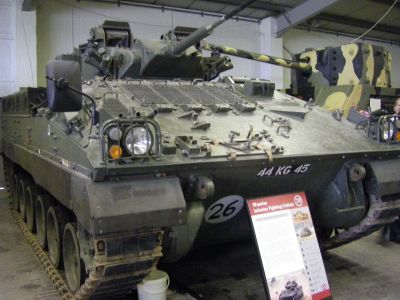 Warrior IFV
The Warrior tracked vehicle family is a series of British armoured vehicles, originally developed to replace the older FV430 series of armoured vehicles. The Warrior started life as the MCV-80 project that was first broached in the 1970s, GKN Sankey/Defence winning the production contract in 1980. GKN Defence was subsequently purchased by BAE Systems (via Alvis plc). A total of 789 FV510 and variants were manufactured for the British Army, and 254 of a modified version (Desert Warrior) were produced for the Kuwaiti Army.
