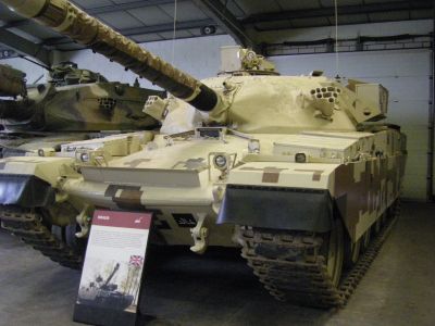 Khalid export Chieftain
Jordanian with the running gear of the Challenger 1. Basically this was a transition vehicle from the Chieftain to the Shir 2 which had been intended for Iran but was subsequently cancelled. The Shir 2 tanks became Challenger 1 tanks after reworking at ROF Leeds. The vehicle chassis comprised the front half of a Chieftain Hull, Chieftain running gear and the rear of a 4030/2 Chassis (Sloping Hull). This allowed the fitment in the engine bay of a Rolls-Royce CV8 engine
