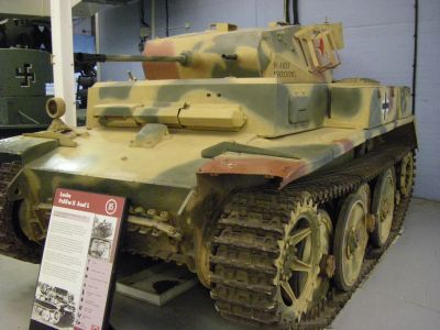 Pz II Luchs
A light reconnaissance tank, the Ausf. L was the only Panzer II design with the overlapping/interleaved road wheels and "slack track" configuration to enter series production, with 100 being built from September 1943 to January 1944 in addition to conversion of the four Ausf. M tanks. Originally given the experimental designation VK 1303, it was adopted under the alternate name Panzersp�hwagen II and given the popular name Luchs (Lynx).
