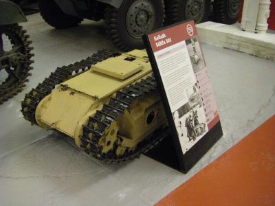 Goliath
The Goliath tracked mine - complete German name: Leichter Ladungstr�ger Goliath (Sd.Kfz. 302/303a/303b) - was a remote controlled German-engineered demolition vehicle, also known as the beetle tank Employed by the Wehrmacht during World War II, this caterpillar-tracked vehicle was approximately 4 feet (1.2 m) long, 2 feet (0.61 m) wide, and 1 foot (0.30 m) tall. It carried 75�100 kilograms (170�220 lb) of high explosives and was intended to be used for multiple purposes, such as destroying tanks, disrupting dense infantry formations, and demolition of buildings and bridges.
