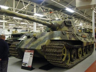 Tiger II
The Tiger II was developed late in the war and built in relatively small numbers - 1,500 Tiger IIs were ordered, but production was severely disrupted by Allied bombing. Among others, five raids between 22 September and 7 October 1944 destroyed 95 percent of the floor area of the Henschel plant. It is estimated that this caused the loss in production of some 657 Tiger IIs. Only 492 units were produced: one in 1943, 379 in 1944, and 112 in 1945. Full production ran from mid-1944 to the end of the war
