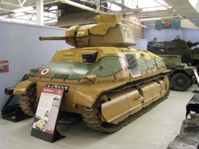 SOMUA S35 
The SOMUA S35 was a French Cavalry tank of the Second World War. Built from 1936 until 1940 to equip the armoured divisions of the Cavalry, it was for its time a relatively agile medium-weight tank, superior in armour and armament to both its French and foreign competitors, such as the contemporary versions of the German Panzerkampfwagen III. It was constructed from well-sloped, mainly cast, armour sections, that however made it expensive to produce and time-consuming to maintain.
