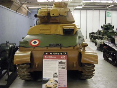 SOMUA S35 
During the German invasion of May 1940, the SOMUA S35 proved itself to be a tactically effective type, but this was negated by strategic mistakes in deploying its units. After the defeat of France in June 1940, limiting production to a number of 430, captured SOMUA S35s were used by the Axis powers. A derived type, the SOMUA S40, with an improved suspension, lowered hull cast and welded turret armour, had been planned to replace the original version on the production lines in July 1940.
