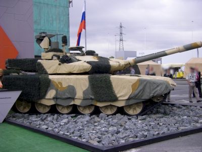 T90
The T-90 is a Russian third-generation main battle tank that is a modernisation of the T-72 (it was originally to be called the T-72BU, later renamed to T-90). It is currently the most modern tank in service with the Russian Ground Forces and Naval Infantry.
